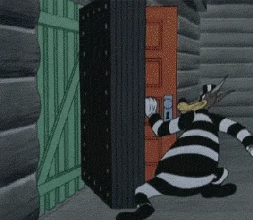 Um personagem de desenho animado abrindo várias portas.